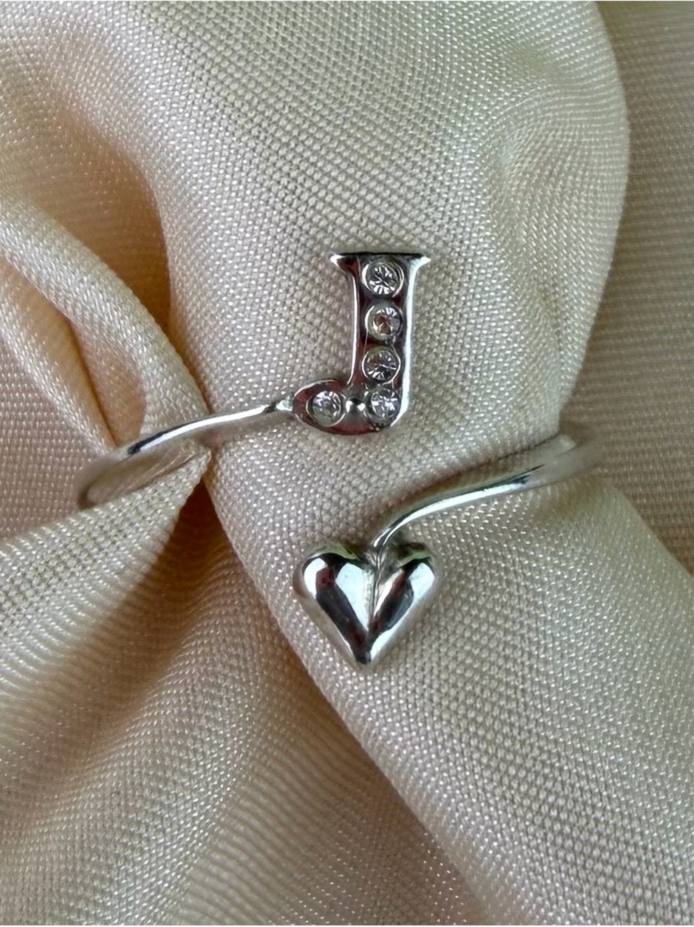 Y2K 925 Sterling Silver Initial "J" & Heart Adjustable Wrap Ring